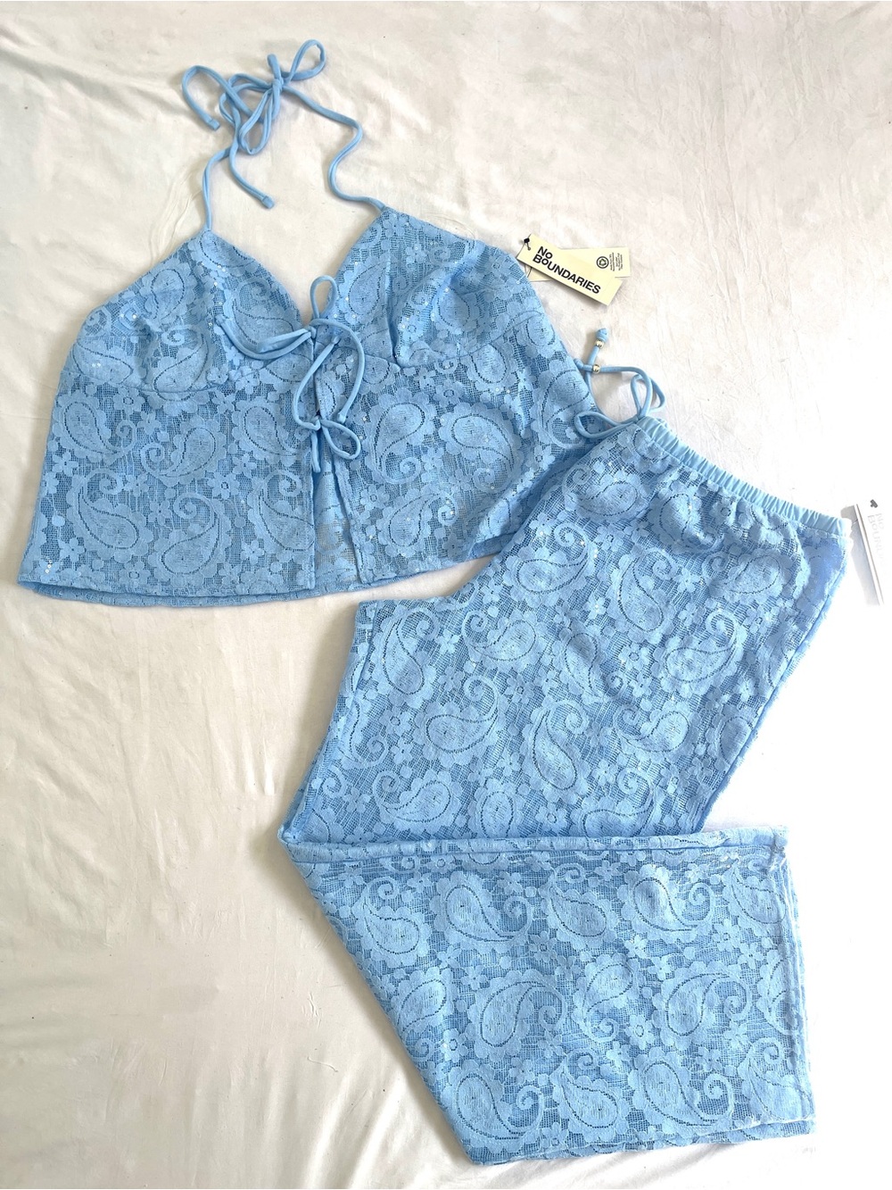 Light Blue Lace Halter Crop Top & Pants Coverup Set | Size: XL | No Boundaries